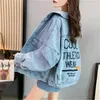 Casual Lose Schwarz Denim Jacke Frauen Freund Oversize Jean Mantel Brief Stickerei Streetwear Oberbekleidung Frühling Herbst Denim 231229