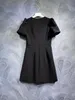 Black Designer Dress Bubble Sleeves Hollow Bow Dress Hepburn Style Age Reducing Waist Slimming A-line Short Skirt
