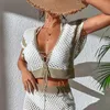 Maillots de bain pour femmes Sexy V Back Tops pour femmes Casual Vacances d'été Plage tricoté Contraste Couleur Creux Maillot de bain Blouse Jupe Ensemble Crochet