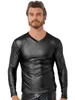 Men's Wear PVC Faux Leather Top S-7XL Plus Size Long Sleeve T-Shirt V-Neck Blouse Shiny Jacket Tight Soft Patent Leather Coat 231229