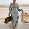 Casual Dresses Womens Skirt Suit Two Piece Solid Color Sexy Long Sleeve Strapless Tube Top & Side Slit Cutout Waist Beach Dress