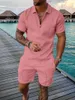 Herrspårspår Tracksuit Cotton Solid Color Short Sleeve Zipper Polo Shirtshorts Set For Men Casual Streetwear 2-Piece Suit 2023 Summer