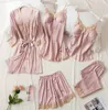 Rose 5pcs robe de soie costume de sommeil femmes dentelle satin pyjama robe ensemble col en v cami nuisettes porter pijama maison vêtements de nuit printemps pyjamas Q0720