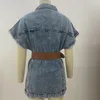 Jaquetas femininas com lapela de lapela de manga curta jeans de bolso solto de jeans de jeans de comprimento médio com cinto plus size