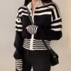Шикарный кардиган с цветными блоками на молнии, женская осенне-весенняя винтажная одежда, полосатый воротник-стойка, тонкое пальто с длинными рукавами, корейская мода 231228