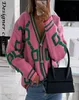 Kvinnor Cardigan Green Striped Pink Knit Button Lady Cardigans Sweaters Vneck Loose Casual Winter Fashion Sticked Coat9893802