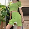 Women's T Shirts Y2K E-girl Cute Ribbed Square Collar Puff Sleeve Lace Crop Tops Fashion Summer Casual Korean Chic Green Pullover Outfits