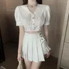 ワークドレスプレッピースタイル2ピースセットレディース服ハラジュクサマー不規則な格子縞のプリーツスカートショートトップス甘い女の子