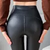 Fleece Matte PU Calças De Couro Mulheres Outono Inverno Leggings Elástico Cintura Alta Magro À Prova de Vento Quente Sexy Legging 231228