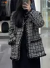 Élégant Plus Taille S-4xl Tweed Plaid Vestes Mode Coréenne O-cou Simple Boutonnage Grande Poche Manteaux Streetwear Femmes Casual Tops 231229