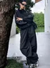 Qweek 90s vintage calças pretas define feminino y2k streetwear jaqueta oversize perna larga faixa calças gorpcore conjunto de duas peças treino 231228