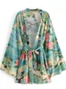 Kvinnors badkläder Fitshinling Bohemian Beach Kimono Women Cover-ups med Belt Print Green Summer Outings Beachwear Swimear Cardigan Outfits