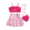 Listenwind 2 8Y Kinder Kinder Baby Mädchen Kleidung Sets Kleinkind Outfits Sommer Plüsch Weste Tops Plaid Rüschen Röcke Crossbody 231228