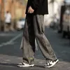 Erkek kot pantolon, karikatür çiçek nakış ile düz sokak kıyafeti geniş bacak elastik bel derin kasık cepleri