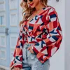 Women's Blouses Lace Up Bow Shirt V Neck Flared Sleeves Printed Women Blouse 2023 Autumn Crop Short Chiffon Blusas Para Mujer