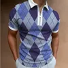 男性服の夏のメンズカジュアルファッションジッパーポロスデジタル印刷されたストライプ格子縞のパターンメンズポロシャツ