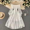 Vestidos casuais verão para mulheres francês elegante feriado longo puff manga slash pescoço fora do ombro smocked branco chiffon