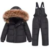 Kinder Daunenjacken Set Echtpelz Winter Schneeanzug Junge Mädchen Ski Outfits Rosa 90% Weiße Ente Daunenmantel Overalls Kinder Kleidung Sets 231228