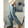 Kadın Kot Micoco N7130C Edebi Yıkama Beyaz Kazık Kalın Baggy Yüksek Belli Düz-bacak Denim Pantolon