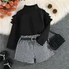 Spring Autumn Children Kids Girls Clothing Sets Long Sleeve Knitted Tops Plaid Shorts With Belt Toddler Costumes 231228