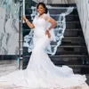 Plus Size Aso Ebi Wedding Dresses Sheer Neck Illusion Long Sleeves Tulle Lace Bridal Gowns for African Arabic Nigeria Black Women Tiered Mermaid Marriage Dress D095