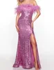 Sparkling Sequin Formal Party Dress 2k24 High Slit Lady Pageant Prom Evening Event Hoco Gala Cocktail Red Carpet Runway Gown Photoshoots Feather Off-Shoulder Lilac