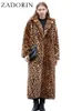Zadorin high street leopardo impressão longo casaco de pele do falso jaqueta macia para as mulheres inverno falso pele de coelho trench coat jaquetas de pelúcia 231228
