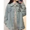 Jaquetas femininas rosa bordado high street vintage denim turn down colarinho mulheres manga longa solta y2k casacos americanos casuais outerwear