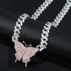 チョーカーアイスアウトブリング5Aキュービックジルコニアホワイトピンク2トーンカラーバタフライファッションキューバンリンクチェーンChoker Necklace Jewelry for W291W