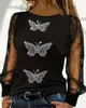 Women's T Shirts Elegant Style Tee Casual Fashionable O-Neck Long Sleeve Rhinestone Butterfly Decoration Pattern Glitter Mesh Patch Top