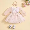 Robes de fille Pudcoco enfants filles automne décontracté robe trapèze à manches longues col rond fleur broderie tulle princesse avec bandeau 6M-5T