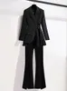 Kvinnor Suits Office Set Spring Long Sleeve Fold Pocket Blazer Solid Color Bell Bottoms Fashion Elegance Lady 231228