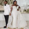 Plus Size Aso Ebi Wedding Dresses Sheer Neck Illusion Long Sleeves Tulle Lace Bridal Gowns with Detachable Train for Nigeria Black Women Mermaid Marriage Dress D097