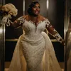 Plus Size Aso Ebi Wedding Dresses Sheer Neck Illusion Long Sleeves Tulle Lace Bridal Gowns with Detachable Train for Nigeria Black Women Mermaid Marriage Dress D097