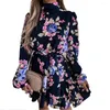 Robes décontractées imprimé floral lâche mini robe femme manches longues col haut mode femme porter 2023 printemps et automne