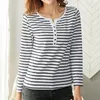 Women's T Shirts V-Neck Cotton Shirt For Women Long Sleeve Top Striped Tshirt Korean Fashion Button Spring Autumn Woman Clothes Tee Femme