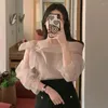 Women's Blouses Clothland Women Sweet Off Shoulder Blouse Bow Tie Long Sleeve Thin Shirt Female Cute Chic Tops Blusa Mujer LB038