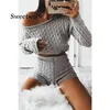 Women Two Piece Set Knitted Long Sleeve Crop Tops And Bodycon Shorts Suit Sexy 2 Outfits 231228