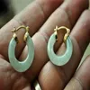 Natural Light green Jade 18K GP yellow Gold Hoop Earrings190F