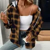 Women's Hoodies Plaid Print Hoodie Coat Stylish Trendy Autumn Winter Jacket With Drawstring Hood Patch Pocket Single