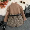 Spring Autumn Children Kids Girls Clothing Sets Long Sleeve Knitted Tops Plaid Shorts With Belt Toddler Costumes 231228