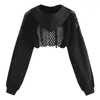 Sweats à capuche pour femmes Noir Sexy Sweat-shirts à capuche Crop Tops Mesh Patchwork Manches longues Sweat-shirt court Pull à capuche 2024 Automne