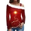 Damen T-Shirts Damen Tops Sexy schulterfreies trägerloses T-Shirt Herbst Winter Weihnachtsdruck Pullover Schrägkragen 2023 Damen Weihnachtsmode