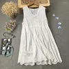 فساتين غير رسمية 2023 الصيف القطن A-LILE Dress Mori Girl Lace Hollow Out Embroidery Literary V-Diaceless Women