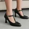 Klänningskor Autumn Spring Women's Pumps Round Toe Tjocka höga klackar t-remmen Big Size 34-43 Casual Ladies Trend for Woman