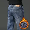 Ретро зимние флисовые тонкие эластичные джинсы, модные теплые прямые повседневные плюшевые толстые бархатные мужские брендовые джинсовые брюки 2312129