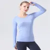 Yoga womens slim fit long sleeve sports solid color top fitness shirt elastic round neck quick drying breathable fitness room sports running hot selling style lu-068