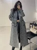 Houndstooth Płaszcz Kobiety Vintage Faux wełniany płaszcz Kobieta jesień zima gruba ciepła kurtka Koreańska moda długa mieszanka 231228