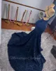 Marinblå sjöjungfrun kväll formella klänningar sexig svart tjej applique spets rose botten ren mesh prom klänning lyxkläder de bal