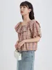 Kvinnor Bluses Japan Style Women Blus 2023 Summer Puff Sleeve Ruffled Neck Loose Shirts Plaid Bomull Ljus mjuka söta chic toppar